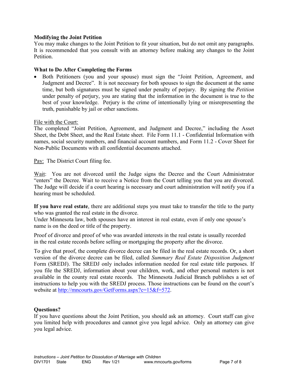 Instructions for Form DIV1702 Joint Petition, Agreement, and Judgment and Decree for Marriage Dissolution With Children - Minnesota, Page 7