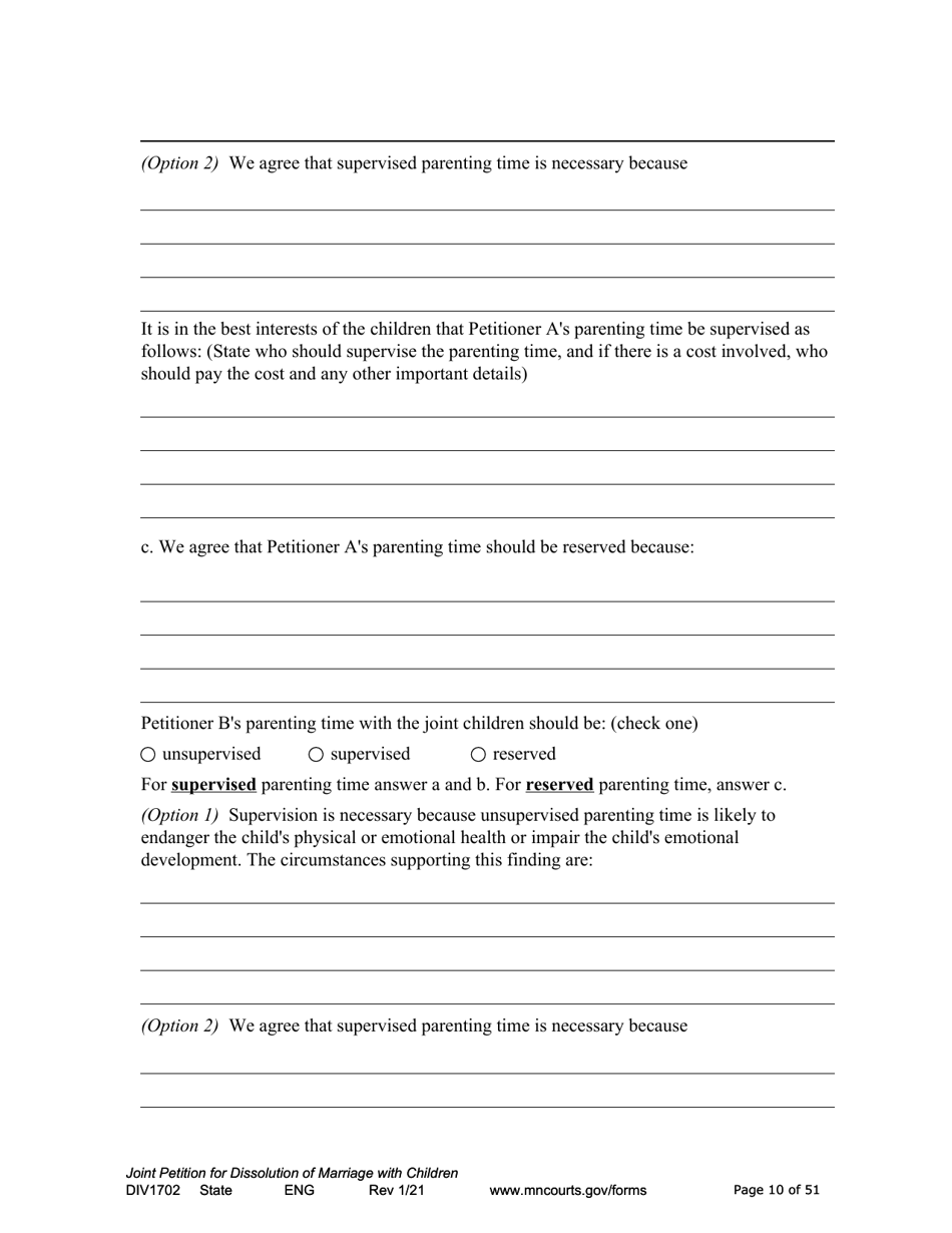 Form DIV1702 Joint Petition, Agreement, and Judgment and Decree for Marriage Dissolution With Children - Minnesota, Page 10