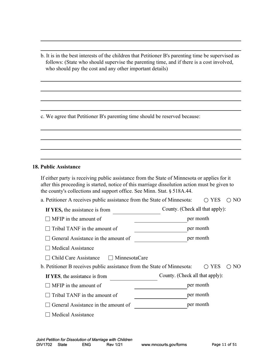 Form DIV1702 Joint Petition, Agreement, and Judgment and Decree for Marriage Dissolution With Children - Minnesota, Page 11