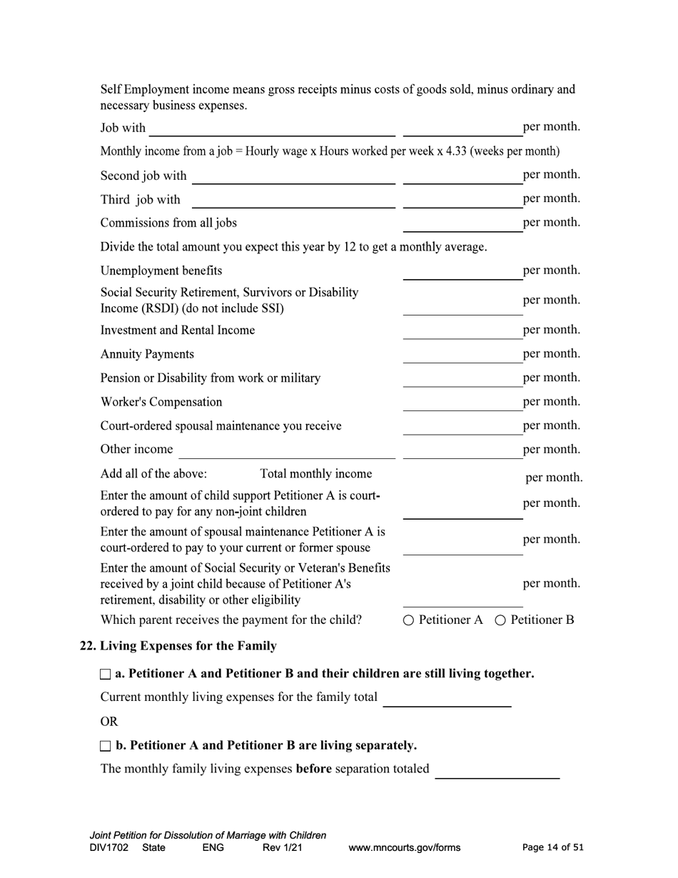 Form DIV1702 Joint Petition, Agreement, and Judgment and Decree for Marriage Dissolution With Children - Minnesota, Page 14