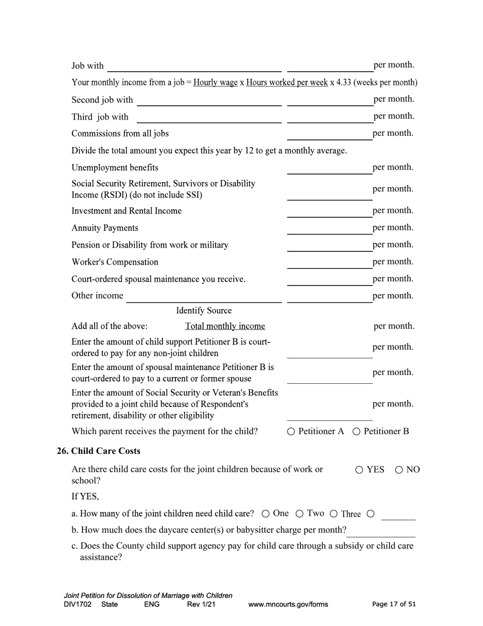 Form DIV1702 Joint Petition, Agreement, and Judgment and Decree for Marriage Dissolution With Children - Minnesota, Page 17