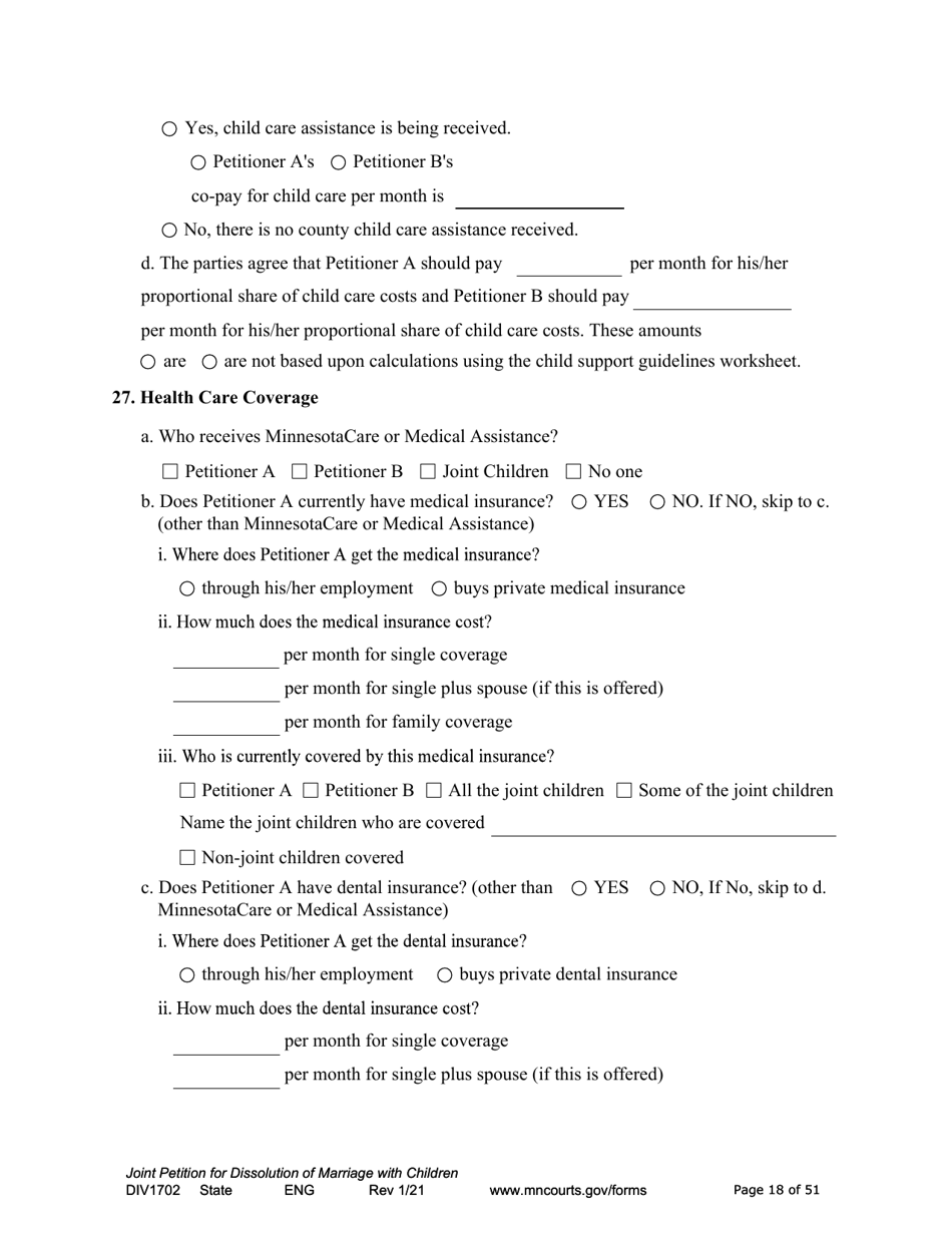 Form DIV1702 Joint Petition, Agreement, and Judgment and Decree for Marriage Dissolution With Children - Minnesota, Page 18