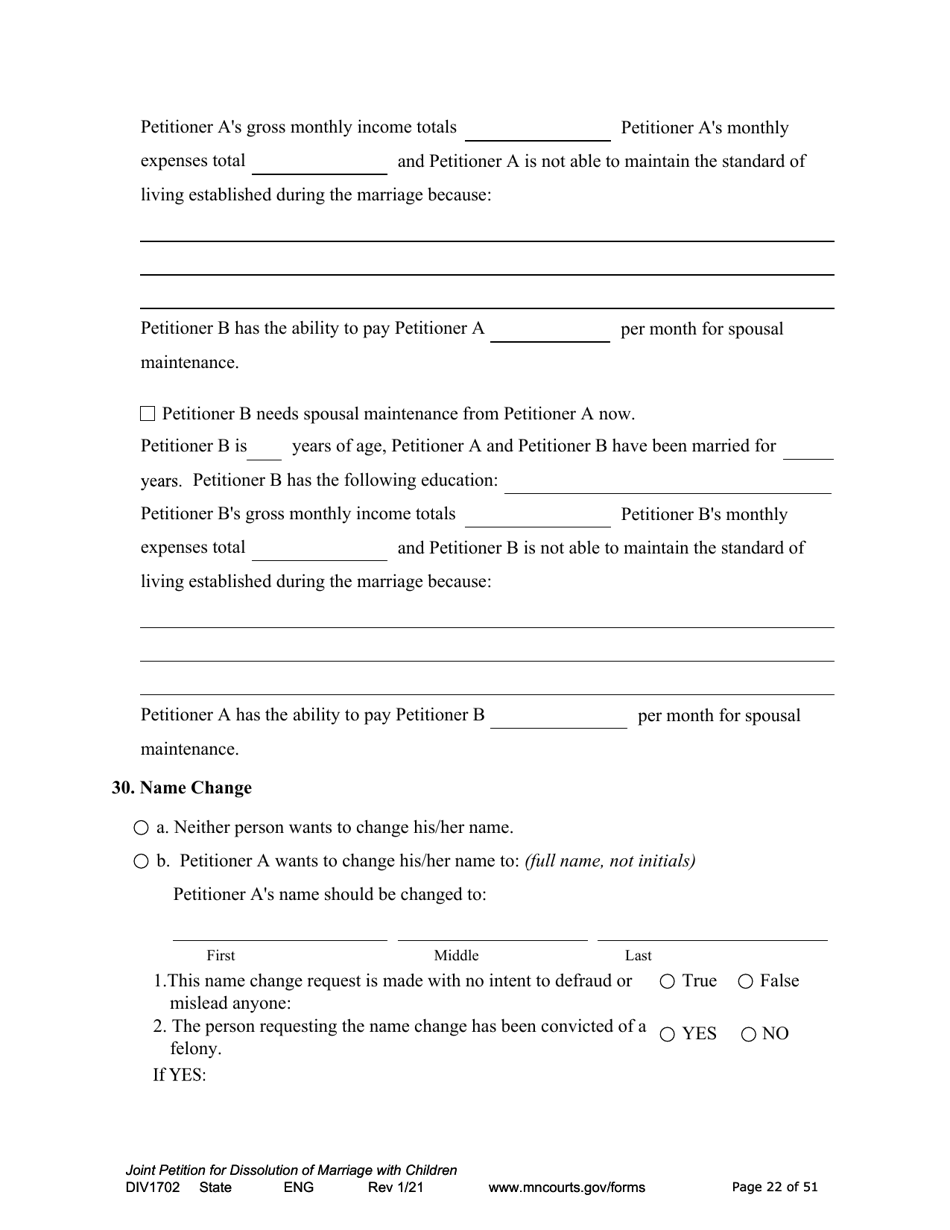 Form DIV1702 Joint Petition, Agreement, and Judgment and Decree for Marriage Dissolution With Children - Minnesota, Page 22