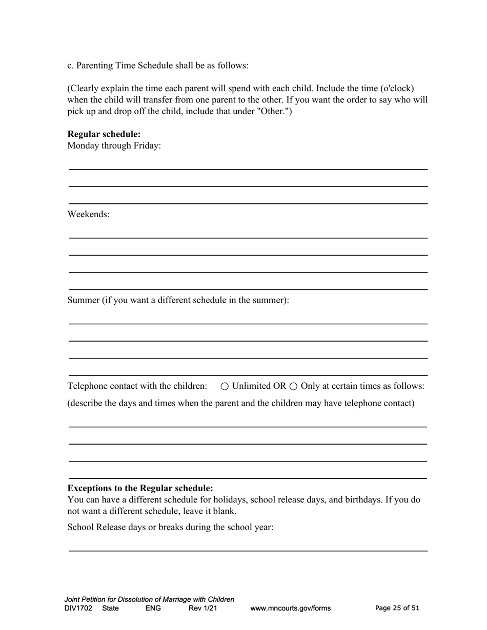 Form DIV1702 Joint Petition, Agreement, and Judgment and Decree for Marriage Dissolution With Children - Minnesota, Page 25
