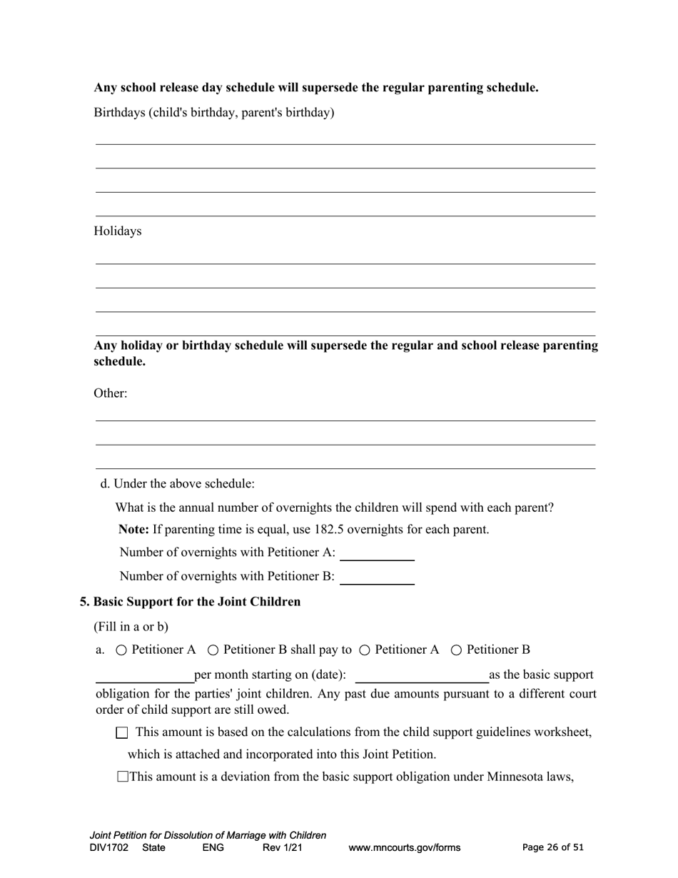 Form DIV1702 Joint Petition, Agreement, and Judgment and Decree for Marriage Dissolution With Children - Minnesota, Page 26