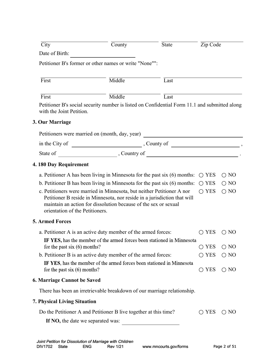 Form DIV1702 Joint Petition, Agreement, and Judgment and Decree for Marriage Dissolution With Children - Minnesota, Page 2