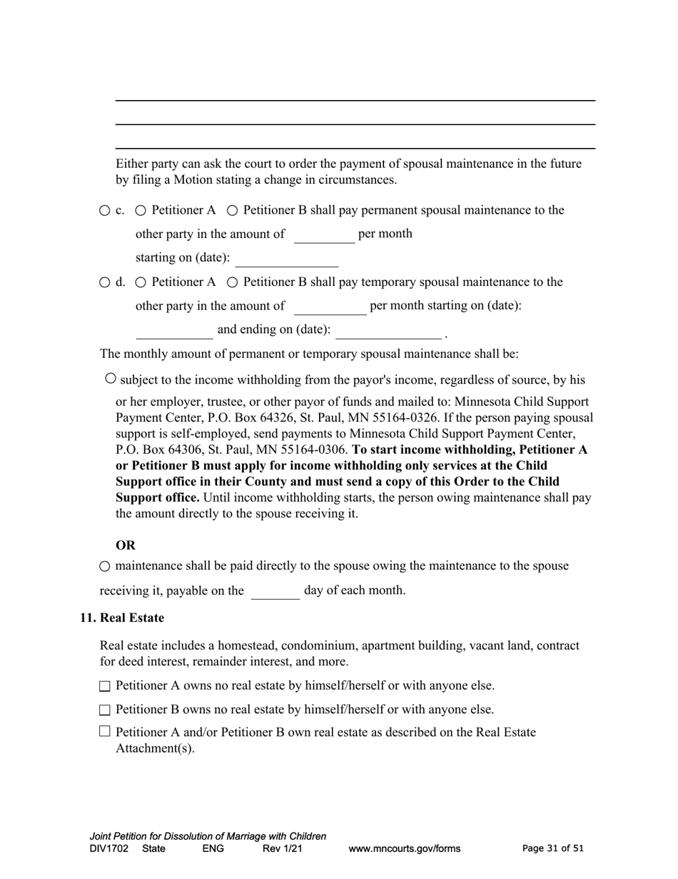 Form DIV1702 Joint Petition, Agreement, and Judgment and Decree for Marriage Dissolution With Children - Minnesota, Page 31