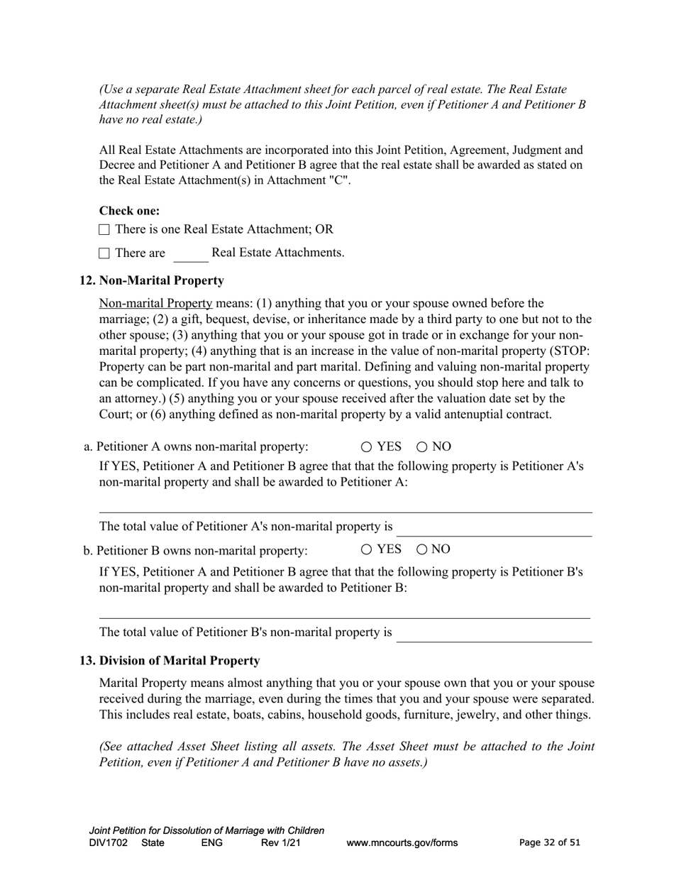 Form DIV1702 Joint Petition, Agreement, and Judgment and Decree for Marriage Dissolution With Children - Minnesota, Page 32