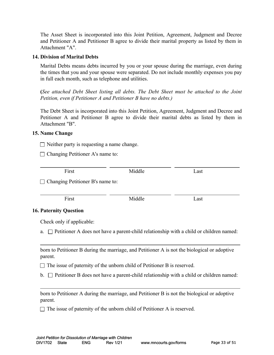 Form DIV1702 Joint Petition, Agreement, and Judgment and Decree for Marriage Dissolution With Children - Minnesota, Page 33
