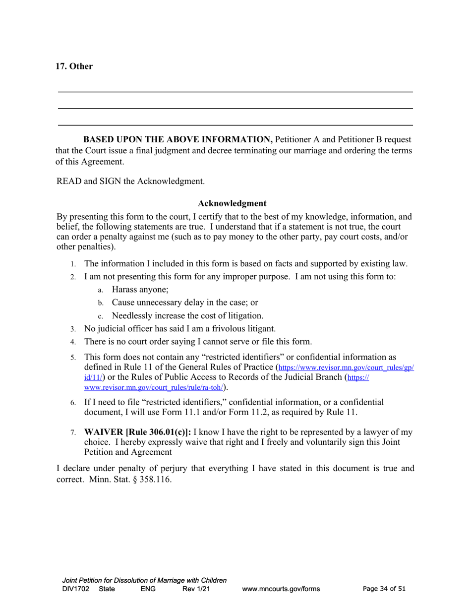 Form DIV1702 Joint Petition, Agreement, and Judgment and Decree for Marriage Dissolution With Children - Minnesota, Page 34