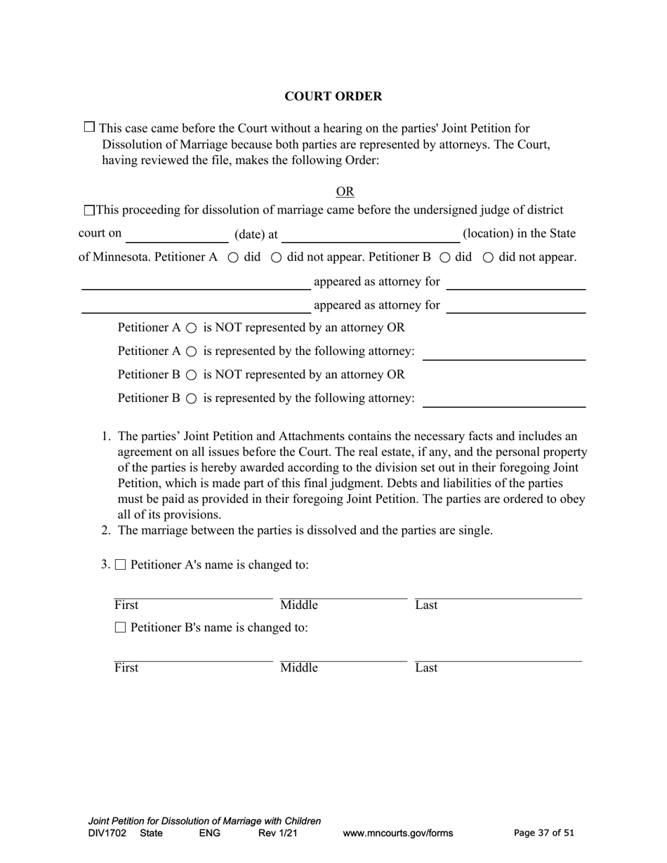 Form DIV1702 Joint Petition, Agreement, and Judgment and Decree for Marriage Dissolution With Children - Minnesota, Page 37