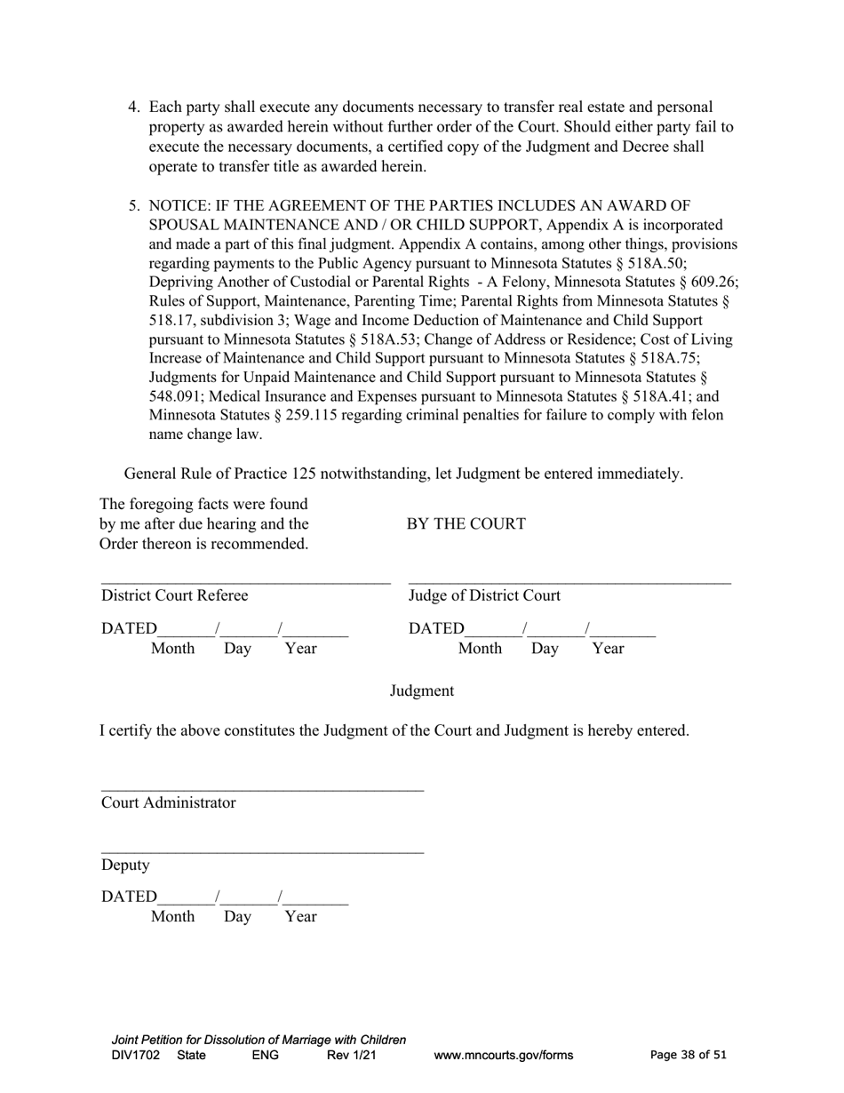 Form DIV1702 Joint Petition, Agreement, and Judgment and Decree for Marriage Dissolution With Children - Minnesota, Page 38
