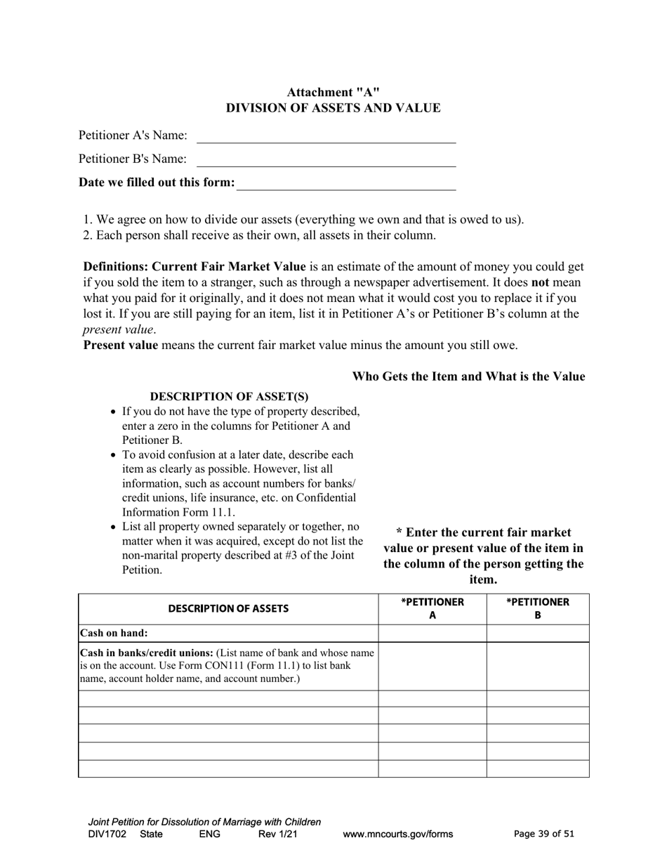 Form DIV1702 Joint Petition, Agreement, and Judgment and Decree for Marriage Dissolution With Children - Minnesota, Page 39