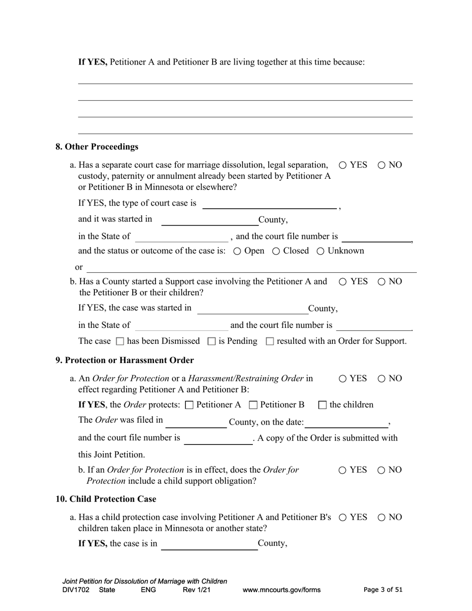Form DIV1702 Joint Petition, Agreement, and Judgment and Decree for Marriage Dissolution With Children - Minnesota, Page 3