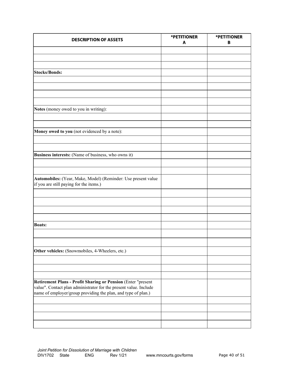 Form DIV1702 Joint Petition, Agreement, and Judgment and Decree for Marriage Dissolution With Children - Minnesota, Page 40