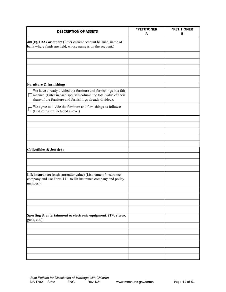 Form DIV1702 Joint Petition, Agreement, and Judgment and Decree for Marriage Dissolution With Children - Minnesota, Page 41