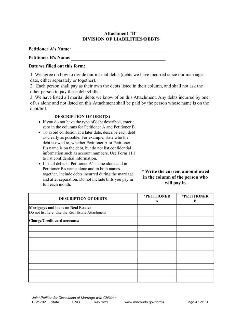 Form DIV1702 Joint Petition, Agreement, and Judgment and Decree for Marriage Dissolution With Children - Minnesota, Page 43