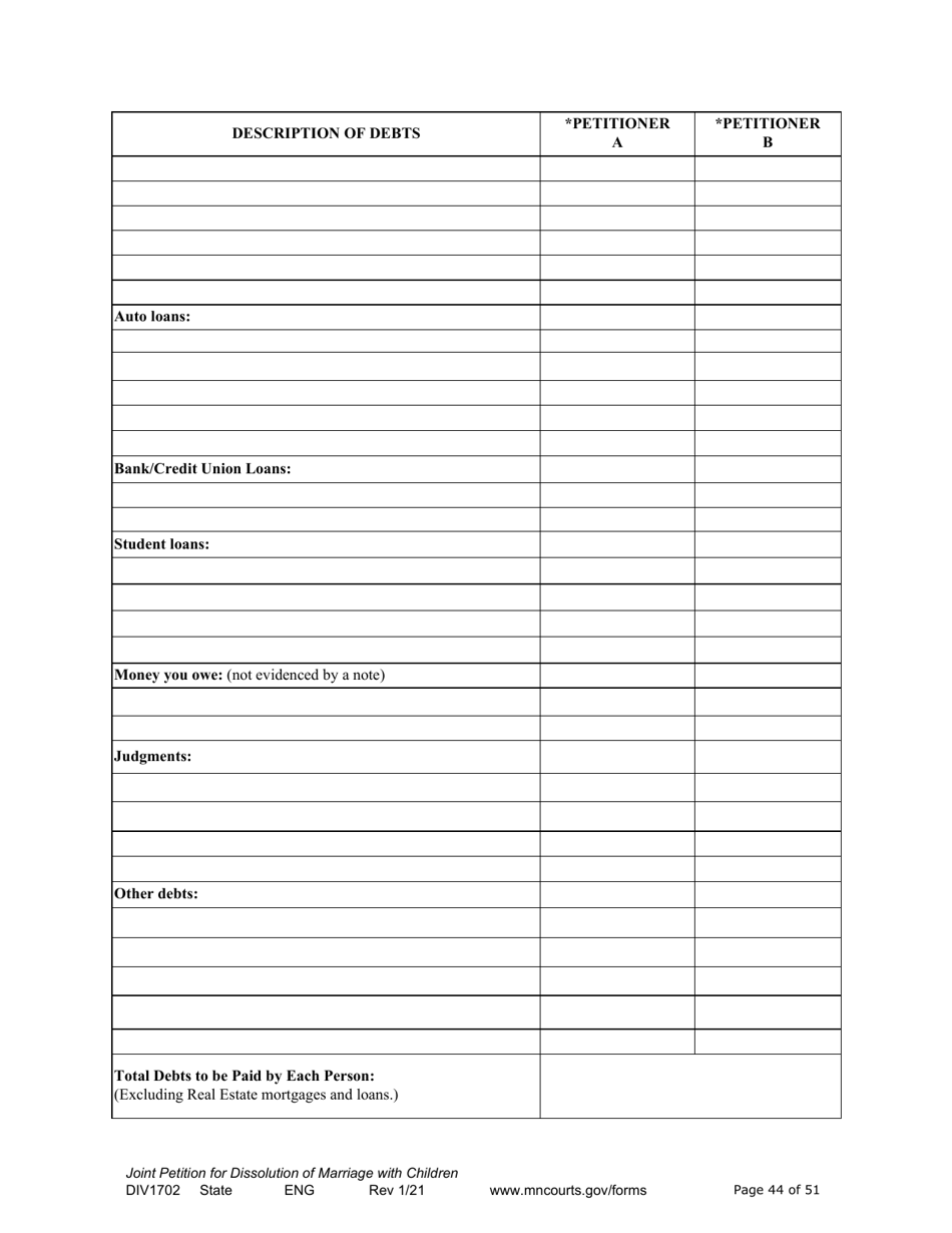 Form DIV1702 Joint Petition, Agreement, and Judgment and Decree for Marriage Dissolution With Children - Minnesota, Page 44