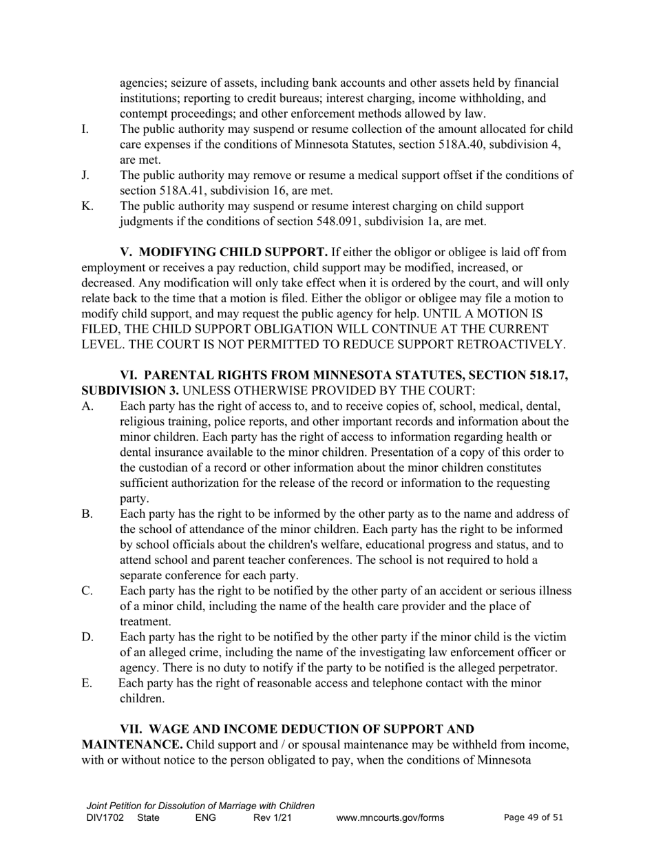 Form DIV1702 Joint Petition, Agreement, and Judgment and Decree for Marriage Dissolution With Children - Minnesota, Page 49
