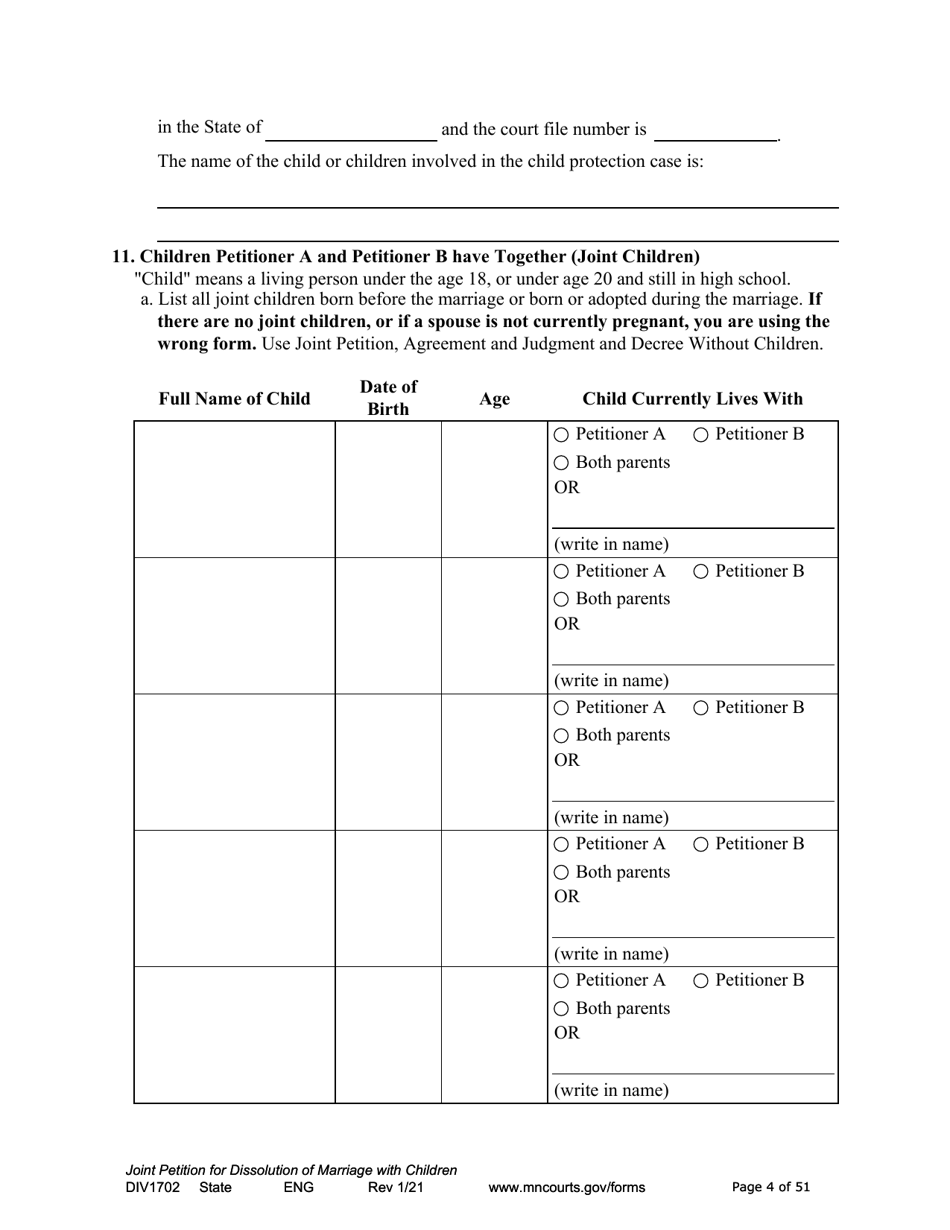 Form DIV1702 Joint Petition, Agreement, and Judgment and Decree for Marriage Dissolution With Children - Minnesota, Page 4