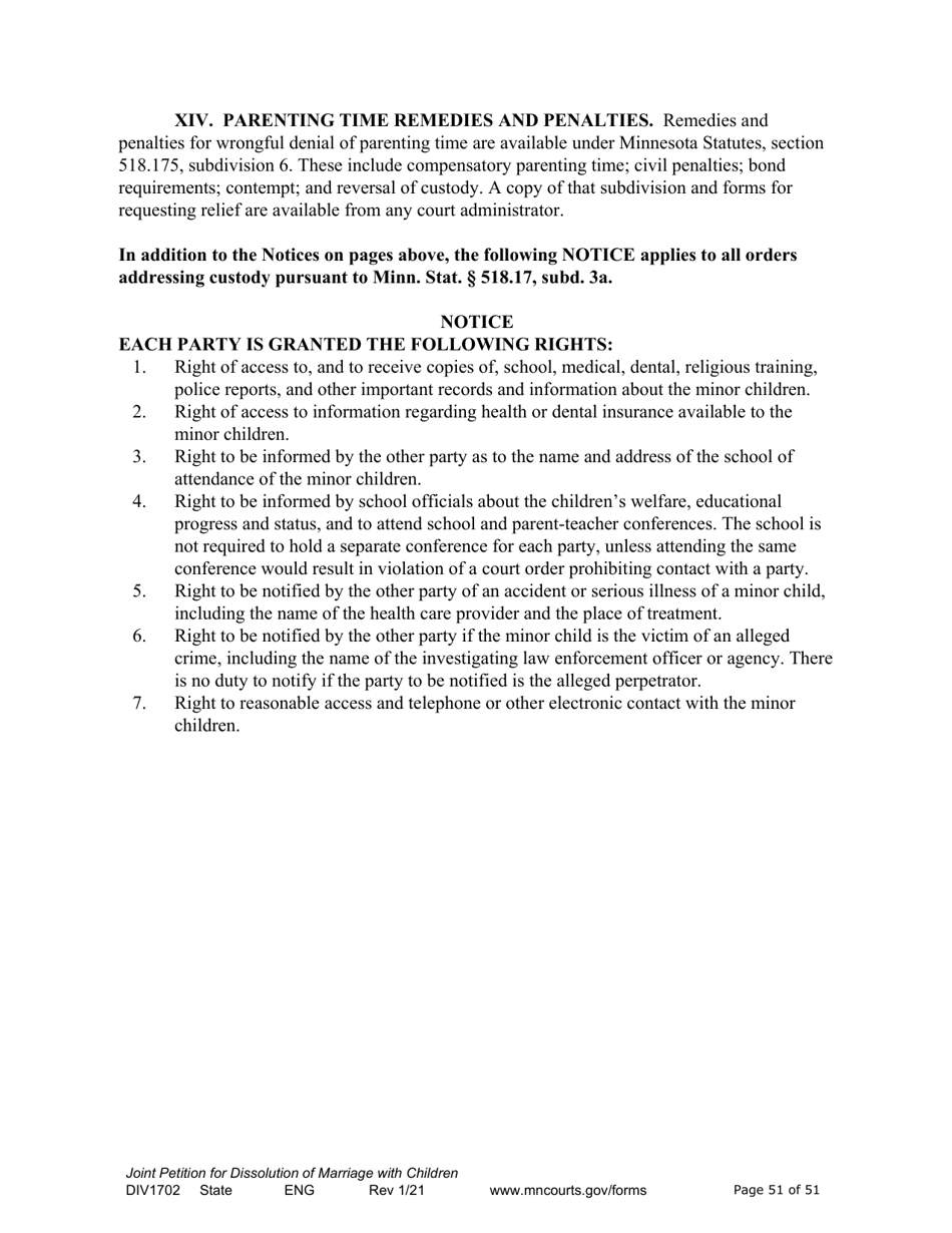 Form DIV1702 Joint Petition, Agreement, and Judgment and Decree for Marriage Dissolution With Children - Minnesota, Page 51