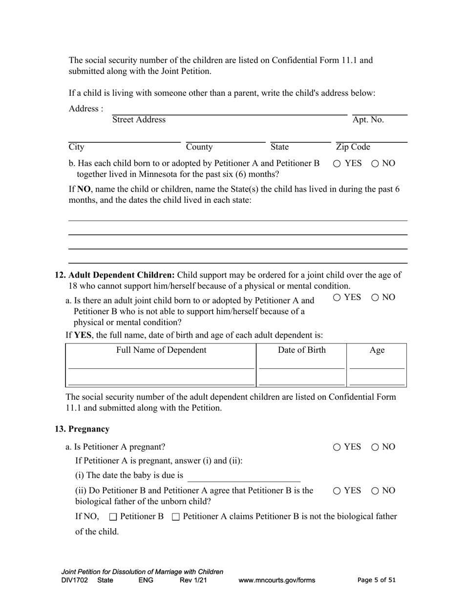 Form DIV1702 Joint Petition, Agreement, and Judgment and Decree for Marriage Dissolution With Children - Minnesota, Page 5