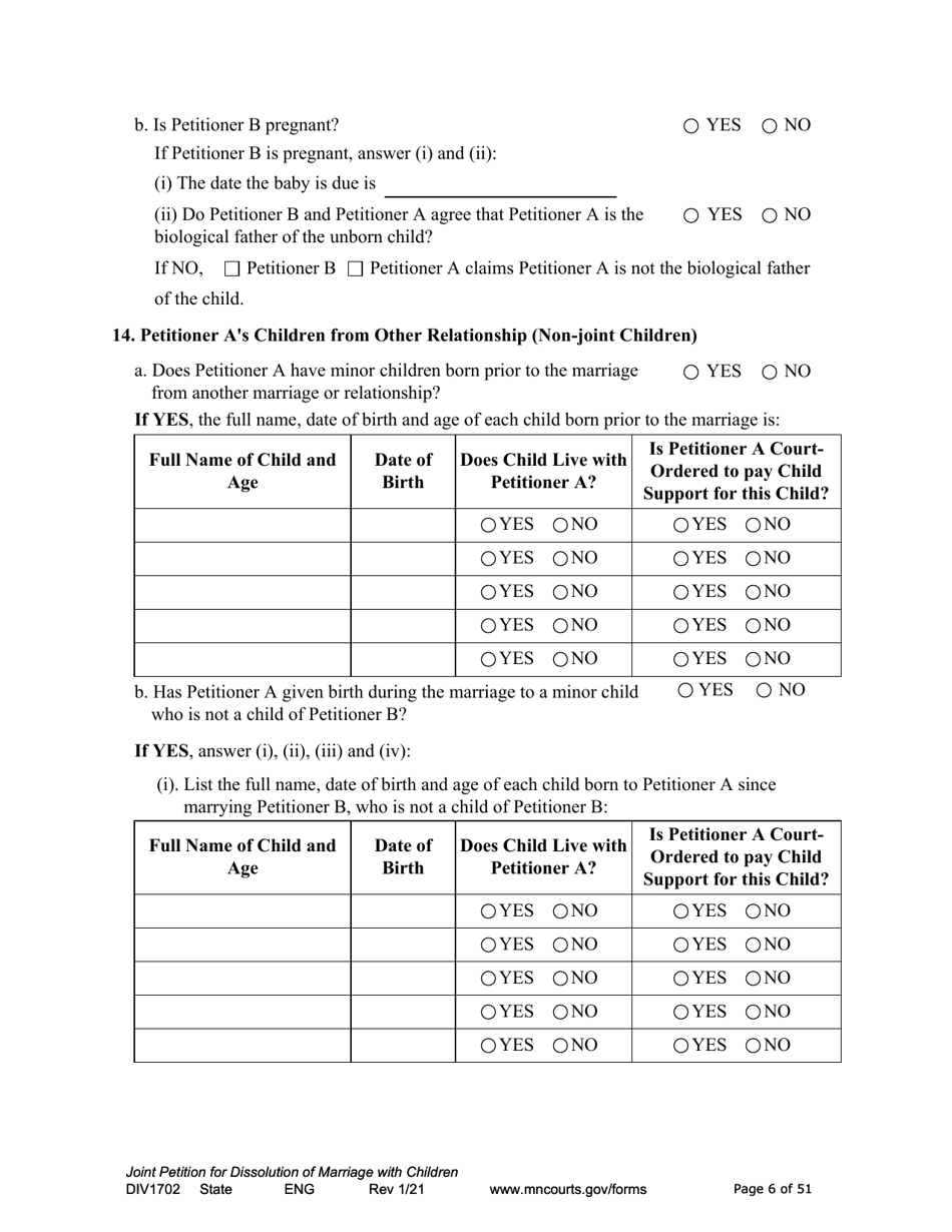 Form DIV1702 Joint Petition, Agreement, and Judgment and Decree for Marriage Dissolution With Children - Minnesota, Page 6