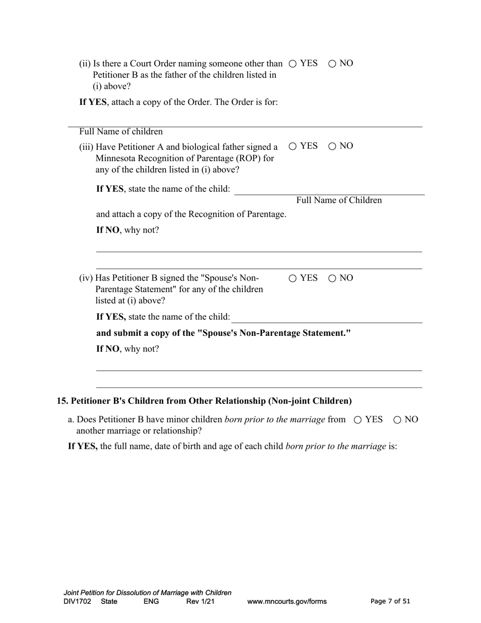 Form DIV1702 Joint Petition, Agreement, and Judgment and Decree for Marriage Dissolution With Children - Minnesota, Page 7