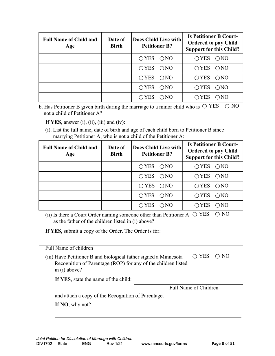 Form DIV1702 Joint Petition, Agreement, and Judgment and Decree for Marriage Dissolution With Children - Minnesota, Page 8
