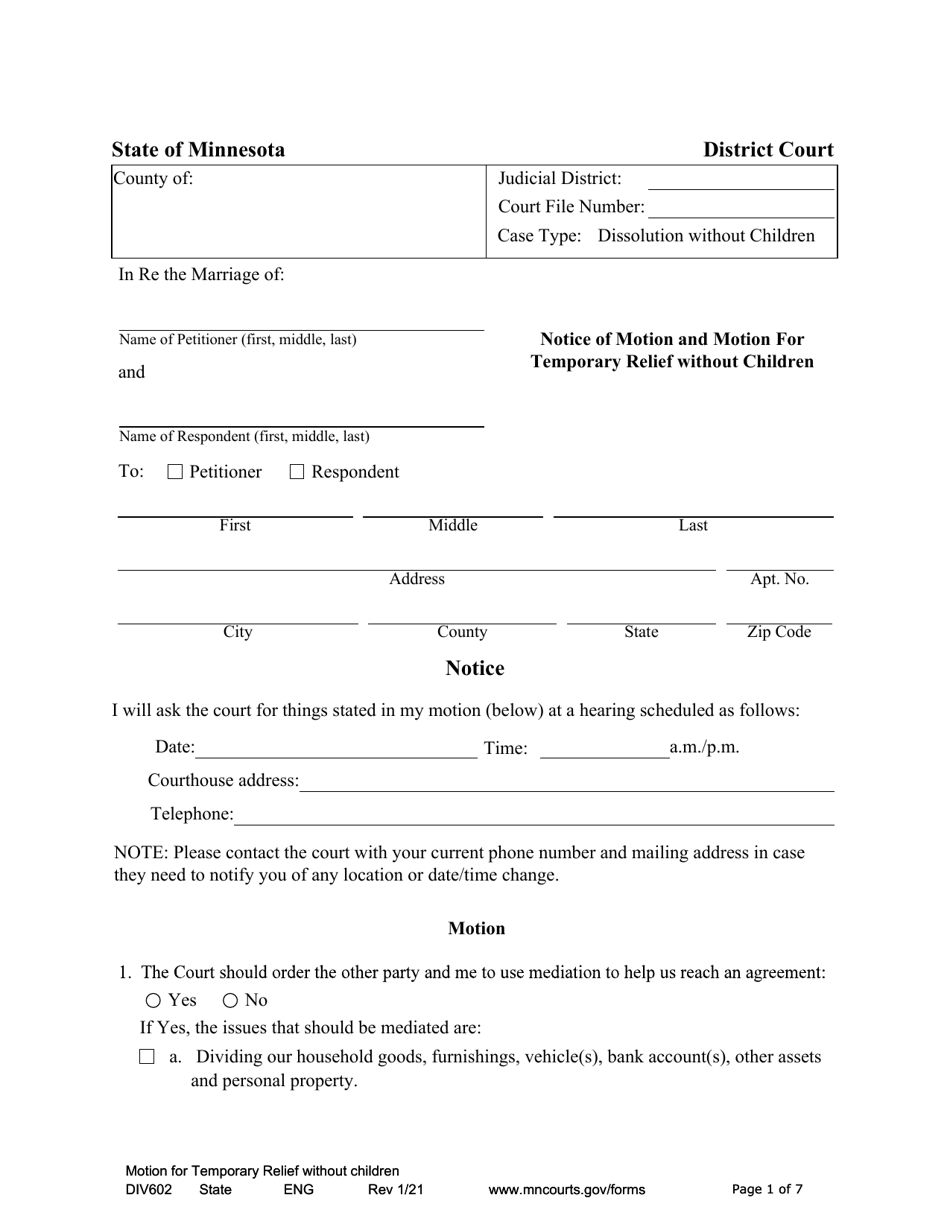Form DIV602 Notice of Motion and Motion for Temporary Relief Without Children - Minnesota, Page 1