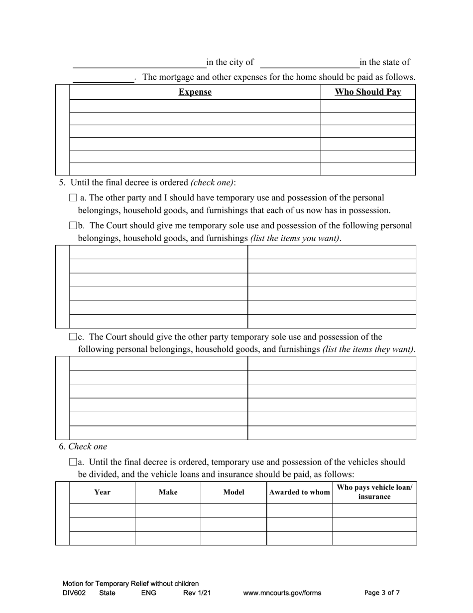 Form DIV602 Notice of Motion and Motion for Temporary Relief Without Children - Minnesota, Page 3
