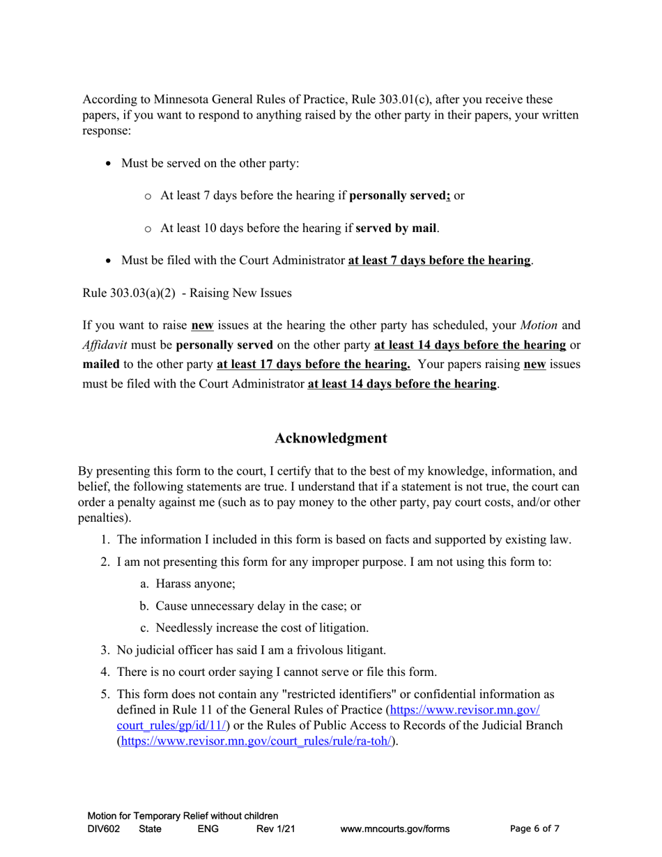 Form DIV602 Notice of Motion and Motion for Temporary Relief Without Children - Minnesota, Page 6