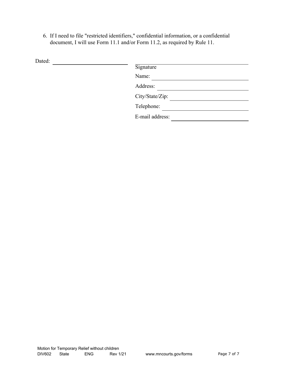 Form DIV602 Notice of Motion and Motion for Temporary Relief Without Children - Minnesota, Page 7