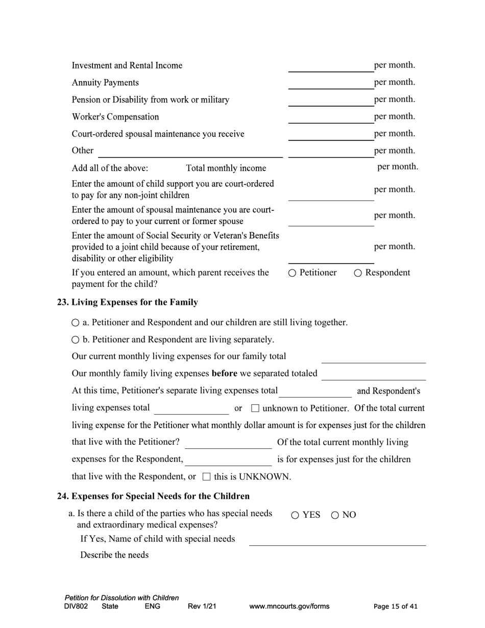 Form DIV802 Petition for Dissolution of Marriage With Children - Minnesota, Page 15