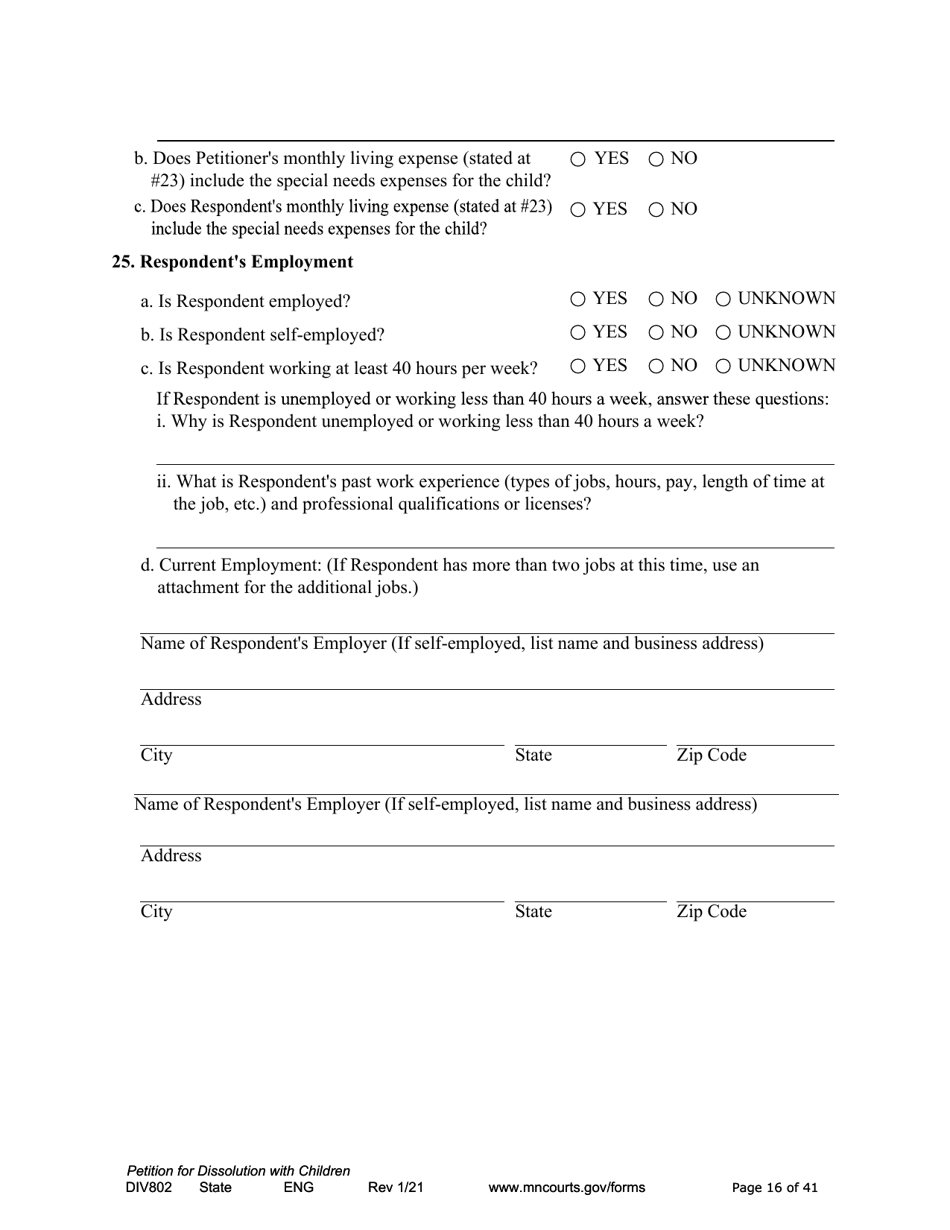 Form DIV802 Petition for Dissolution of Marriage With Children - Minnesota, Page 16