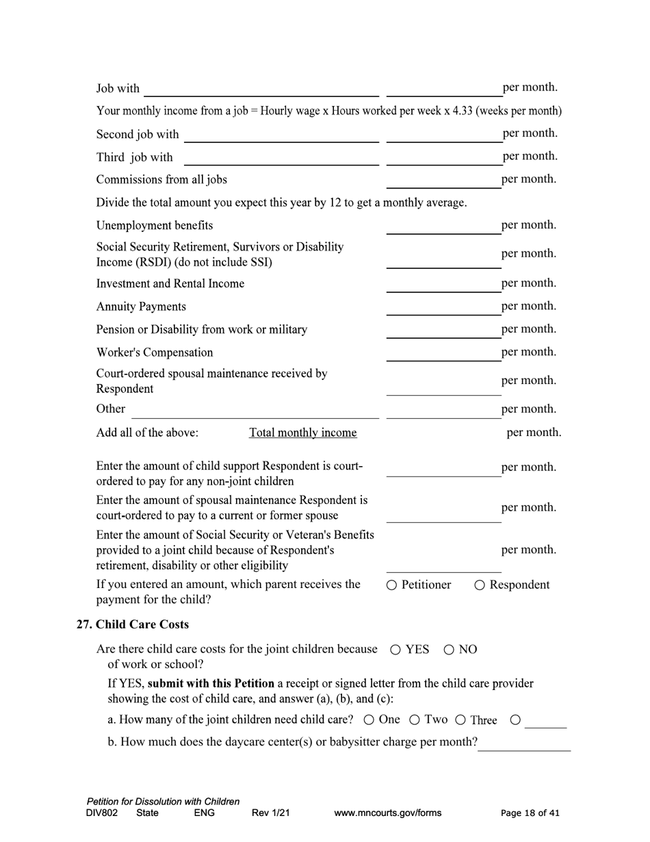 Form DIV802 Petition for Dissolution of Marriage With Children - Minnesota, Page 18