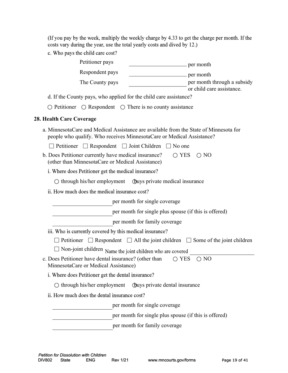 Form DIV802 Petition for Dissolution of Marriage With Children - Minnesota, Page 19