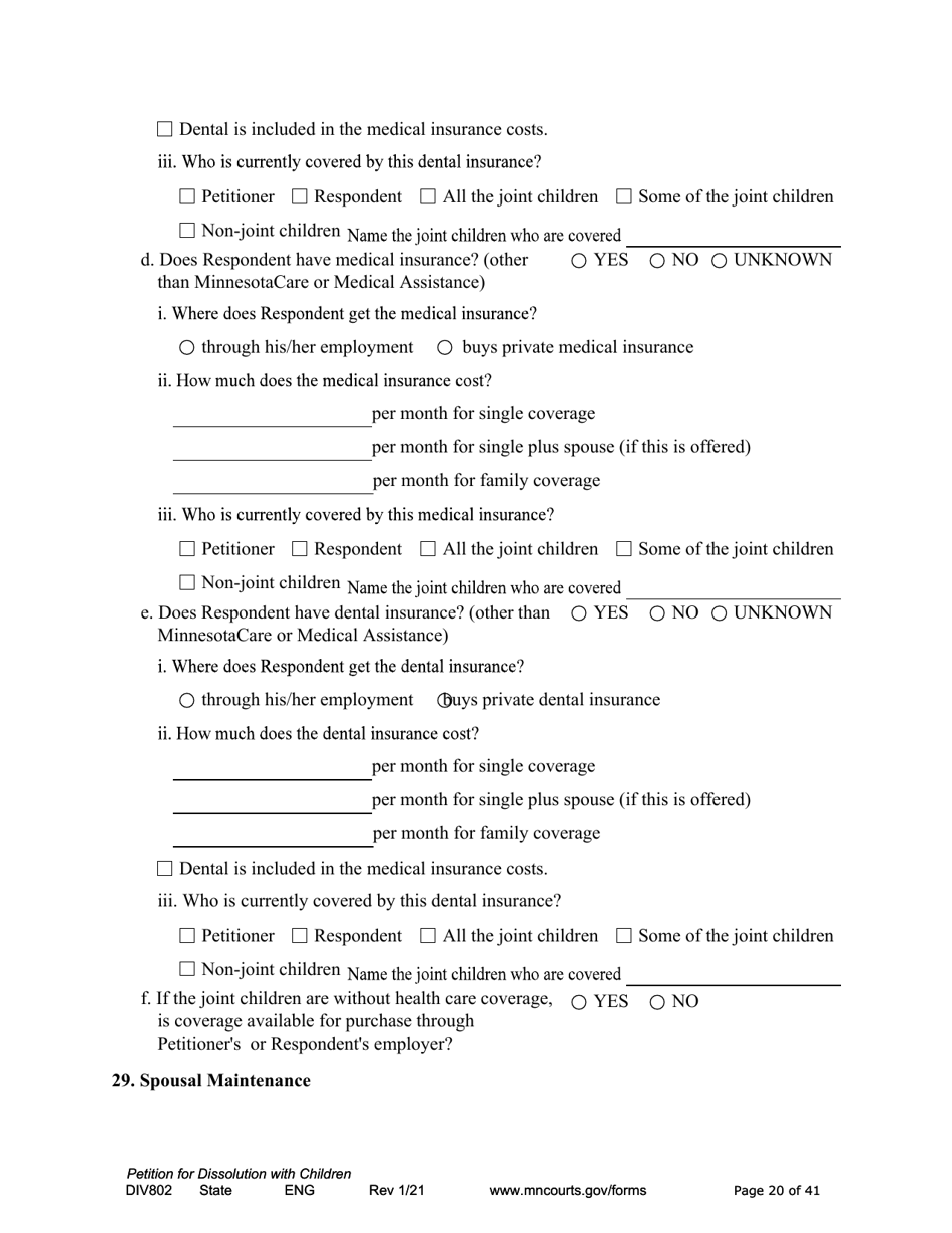 Form DIV802 Petition for Dissolution of Marriage With Children - Minnesota, Page 20