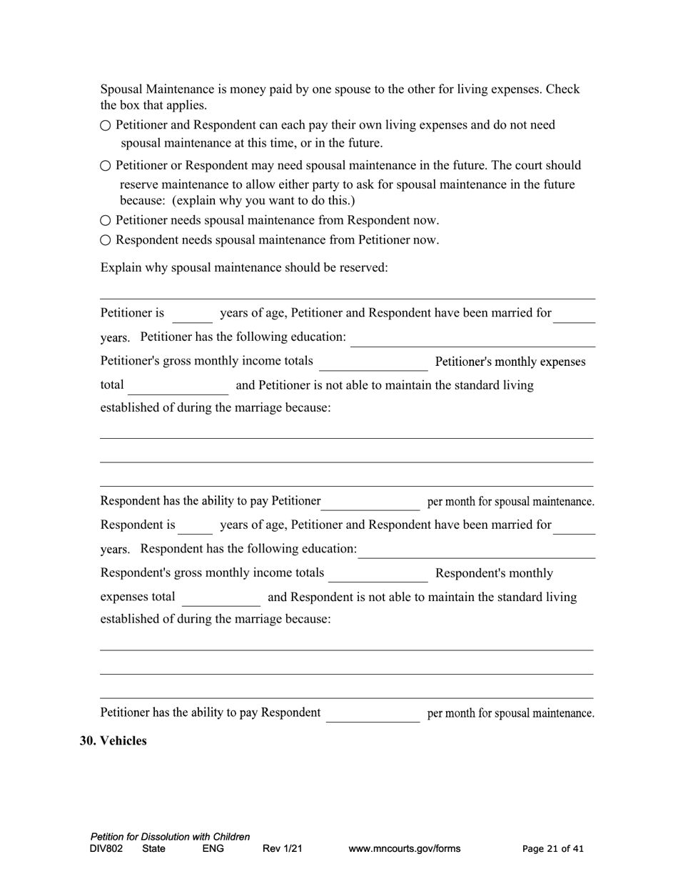 Form DIV802 Petition for Dissolution of Marriage With Children - Minnesota, Page 21