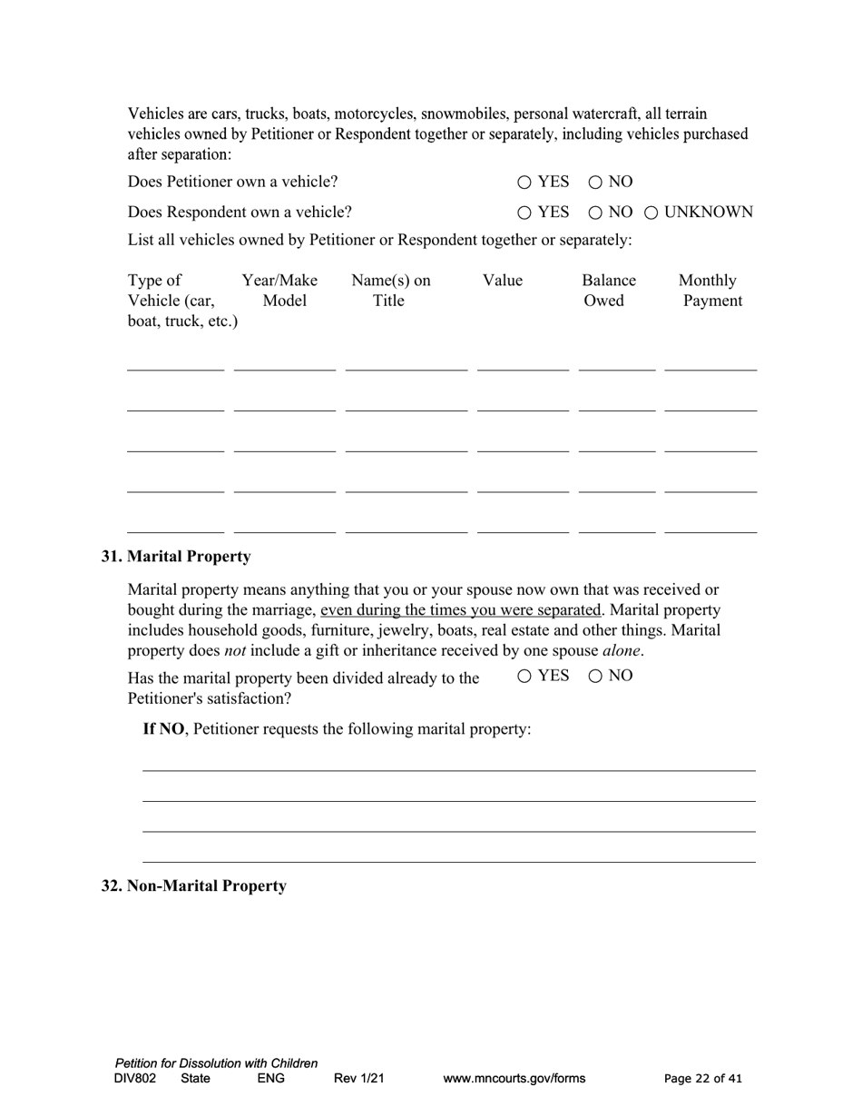 Form DIV802 Petition for Dissolution of Marriage With Children - Minnesota, Page 22
