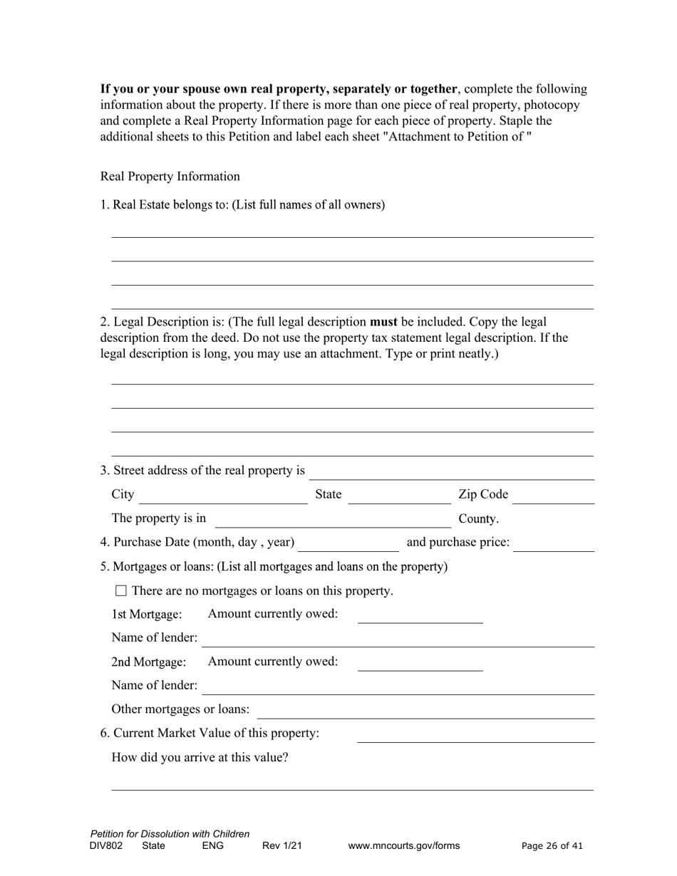 Form DIV802 Petition for Dissolution of Marriage With Children - Minnesota, Page 26