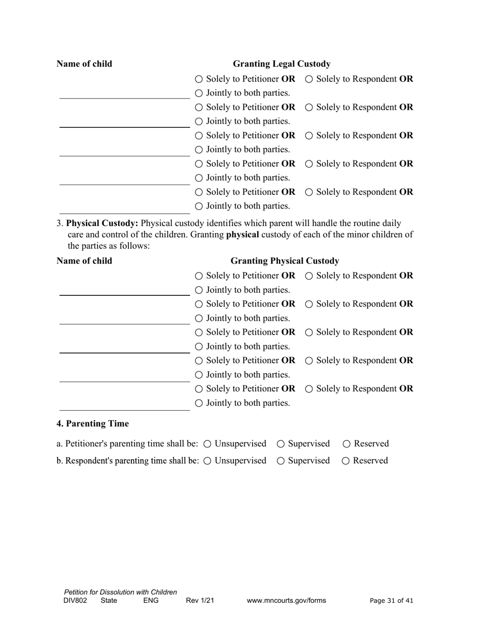 Form DIV802 Petition for Dissolution of Marriage With Children - Minnesota, Page 31