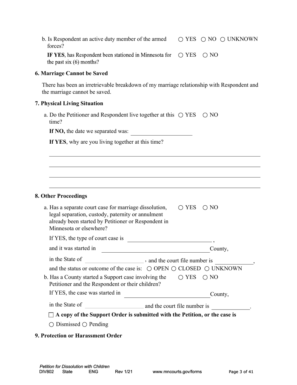 Form DIV802 Petition for Dissolution of Marriage With Children - Minnesota, Page 3