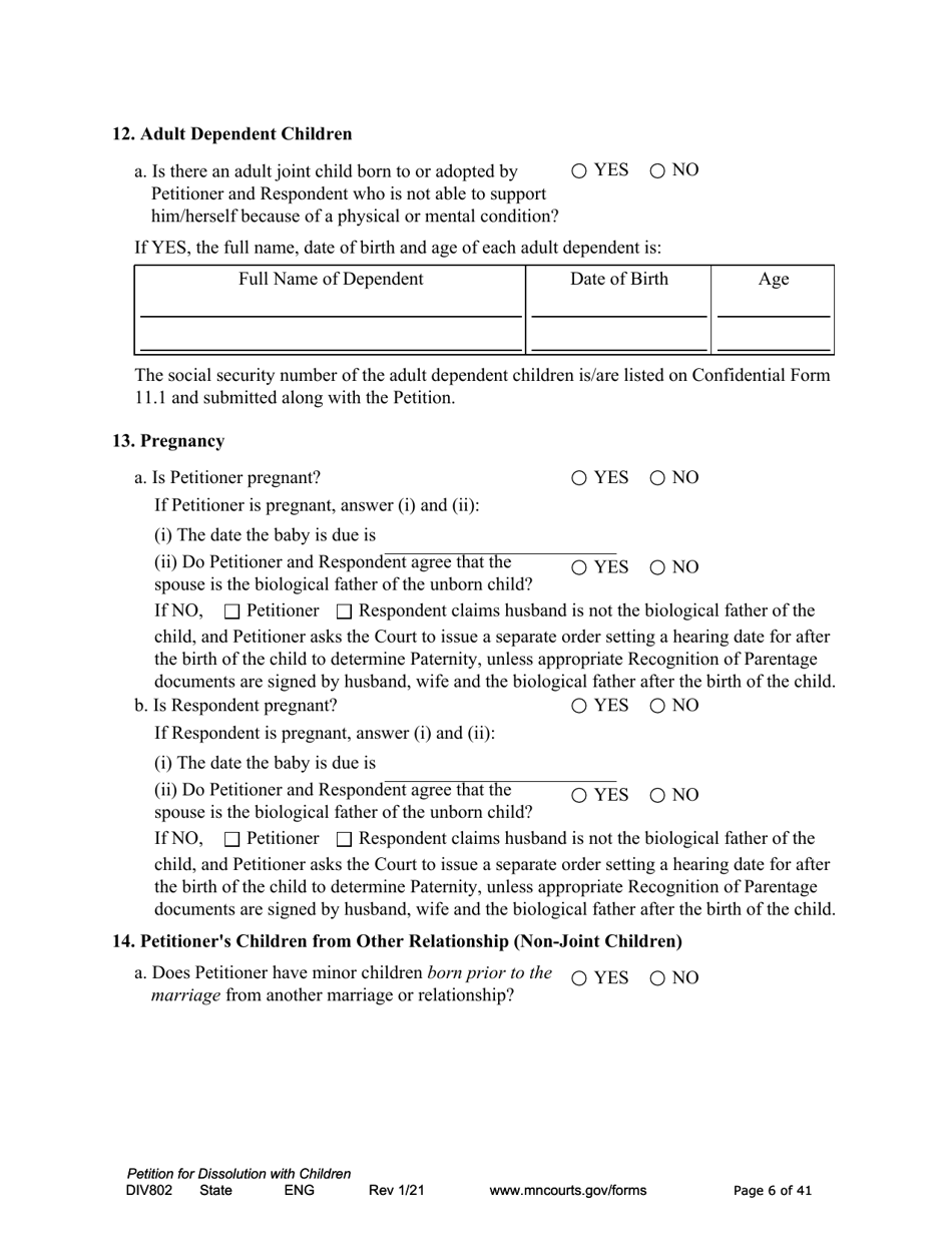 Form DIV802 Petition for Dissolution of Marriage With Children - Minnesota, Page 6