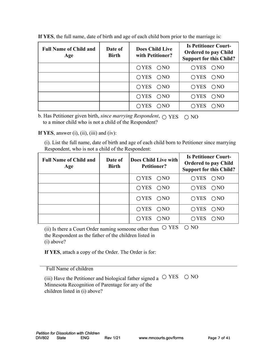 Form DIV802 Petition for Dissolution of Marriage With Children - Minnesota, Page 7