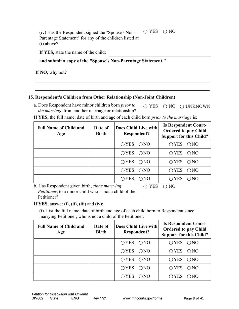 Form DIV802 Petition for Dissolution of Marriage With Children - Minnesota, Page 8