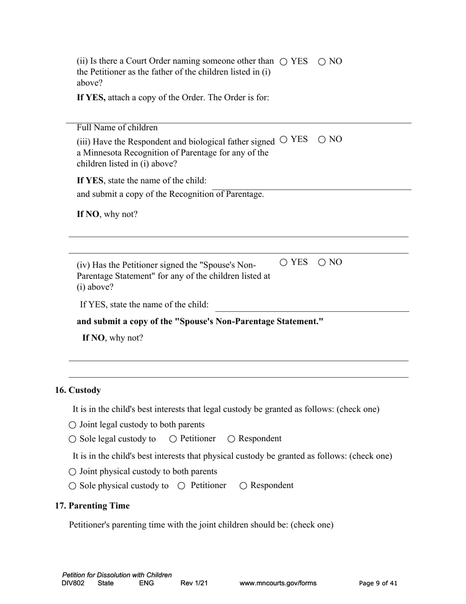 Form DIV802 Petition for Dissolution of Marriage With Children - Minnesota, Page 9