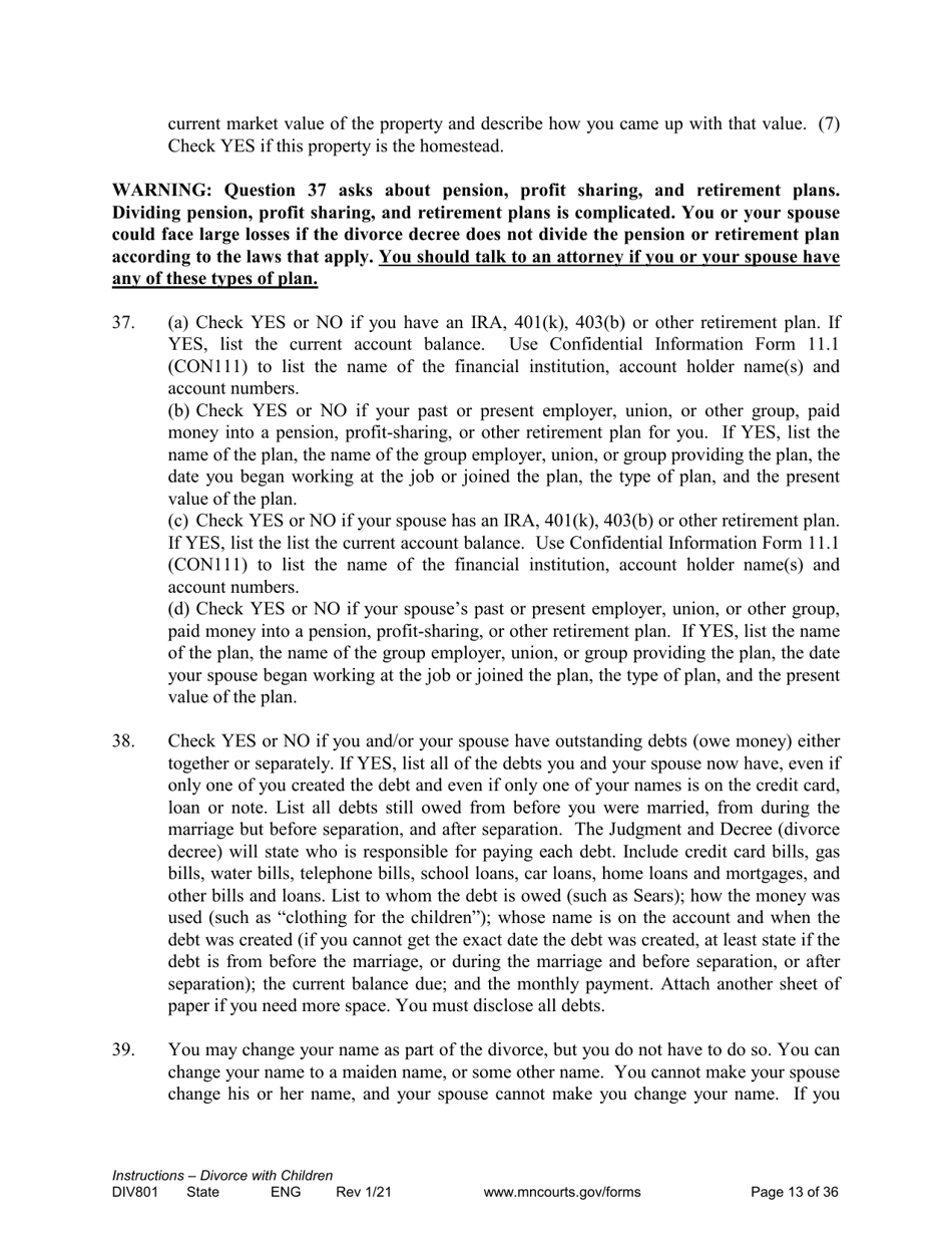 Form DIV801 Instructions for Dissolution of Marriage With Children - Minnesota, Page 13