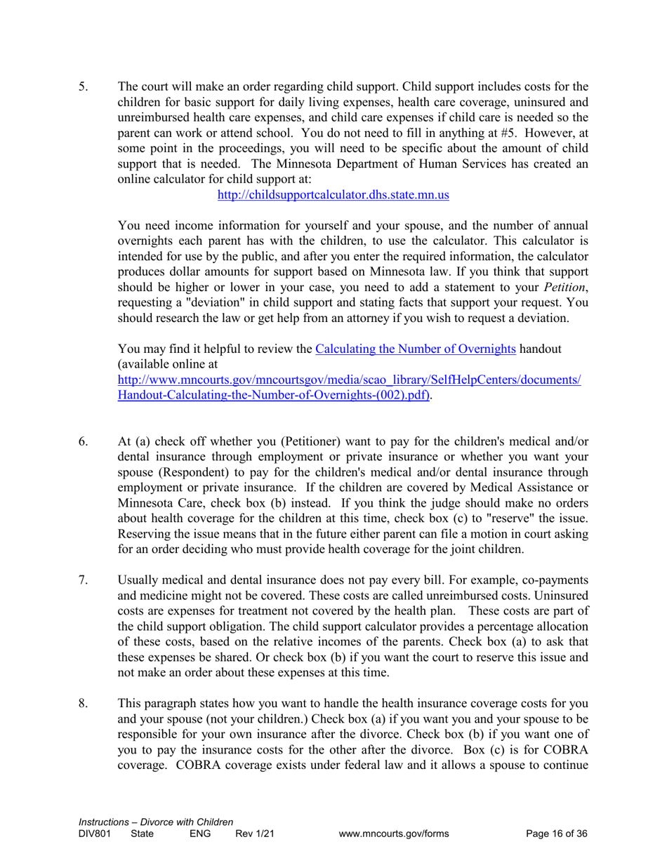 Form DIV801 Instructions for Dissolution of Marriage With Children - Minnesota, Page 16