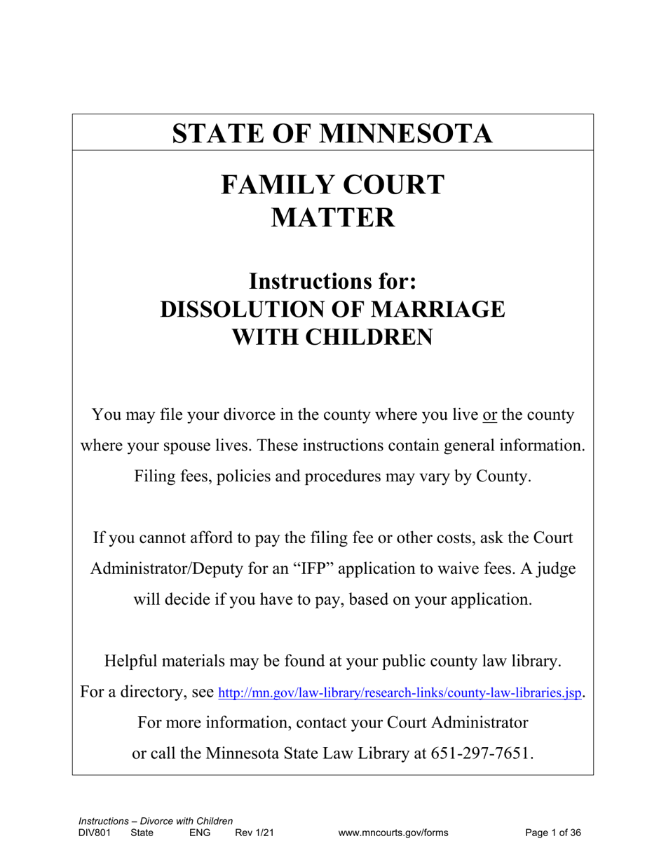 Form DIV801 Instructions for Dissolution of Marriage With Children - Minnesota, Page 1